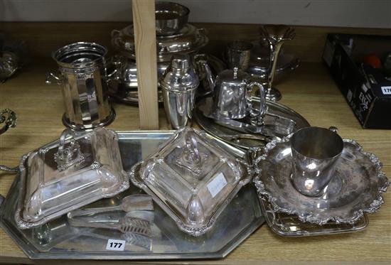 A quantity of assorted plated ware including pair of diamond shaped entree dishes, asparagus dish and servers, etc